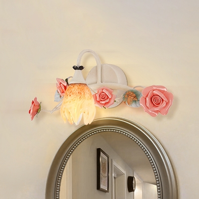 White 1-Light Sconce Wall Lighting Korean Garden Metal Rose and Leaf Wall Light Fixture for Bathroom