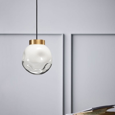 White and Clear Dimpled Glass Round Pendant Simple 1 Bulb Hanging Ceiling Light for Bedside