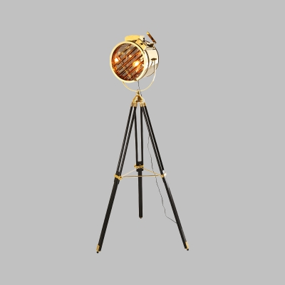 1 Head Cylindrical Floor Spotlight Art Deco Gold Metallic Standing Lamp with Black/Wood Tripod