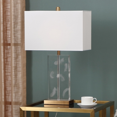 1 Head Rectangle Desk Lamp Modern Clear Crystal Table Light in White with Fabric Shade