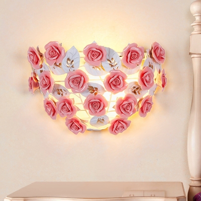 1 Light Rose Wall Lamp Sconce Pastoral Pink Metal Wall Mounted Light for Living Room
