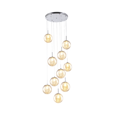 10 Heads Stair Drop Lamp Minimalism Chrome Multi Light Pendant with Sphere Amber Glass Shade