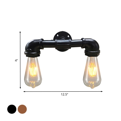 2 Heads Exposed Bulb Wall Lighting Fixture Industrial Black/Rust Finish Iron Wall Mount Sconce
