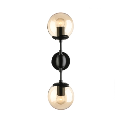 2 Lights Orb Wall Light Modern Simple Amber Glass Decorative Wall Sconce in Satin Black for Hallway