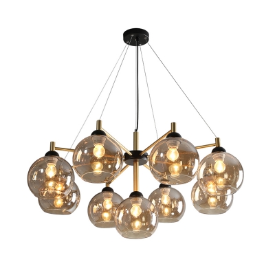2-Tier Round Pendant Lighting Modernist Amber Glass 9-Head Living Room Ceiling Chandelier in Brass