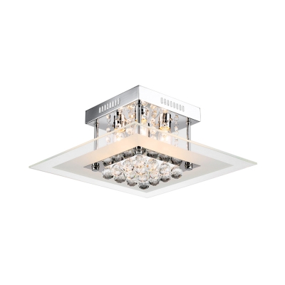 4-Light Bedroom Flush Mount Contemporary Clear Glass Ceiling Lamp in Chrome with Crystal Drop