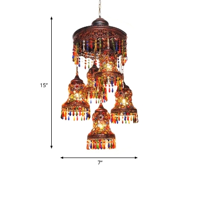 5 Heads Metal Ceiling Chandelier Decorative Copper Carved Living Room Hanging Pendant Light