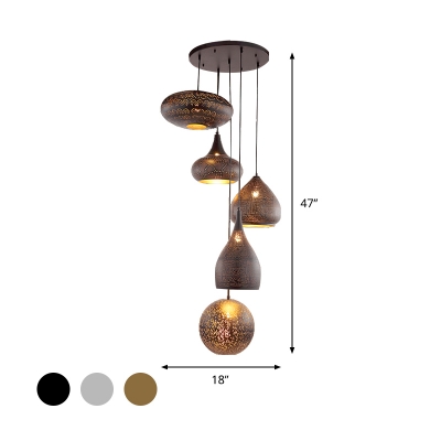 5 Lights Hollow Cluster Pendant Light Arabic Black/Silver/Brass Metal Hanging Lamp for Restaurant