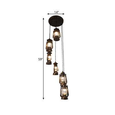 6 Heads Stair Cluster Pendant Light Modern Bronze Ceiling Hang Fixture with Kerosene Lamp Clear Glass Shade