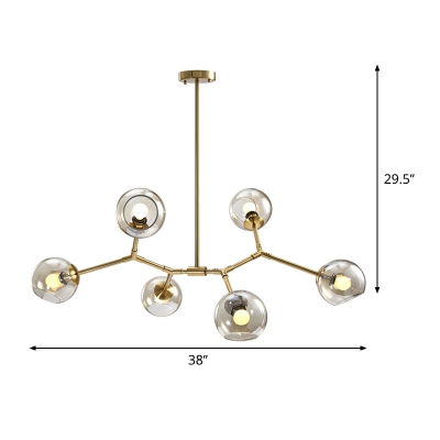 Amber Glass Global Hanging Light Kit Minimalist 6 Heads Chandelier in Brass with Linear Design for Living Room