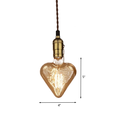 Amber Glass Heart Shaped Pendant Lamp Vintage 1-Head Restaurant Ceiling Hang Fixture