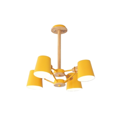 Barrel Flushmount Lighting Contemporary Metal 4 Bulbs Living Room Semi Flush Lamp Fixture in Pink/Yellow with Wood Rod