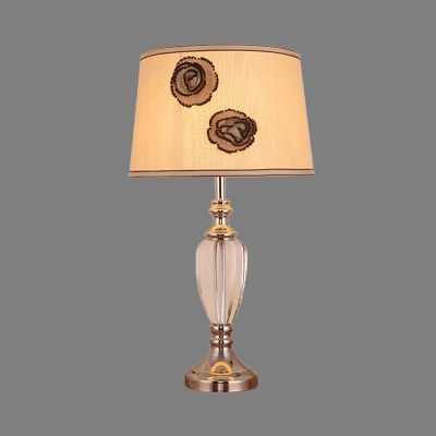 Beige Drum Table Light Modernism 1 Head Fabric Small Desk Lamp with Flower Pattern