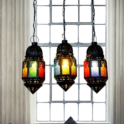 Black 3 Heads Multi Light Pendant Vintage Metal Lantern Ceiling Lamp for Restaurant