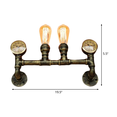 Brass 2-Bulb Sconce Light Fixture Antiqued Iron Pipe and Gauge Wall Mounted Lamp for Stair