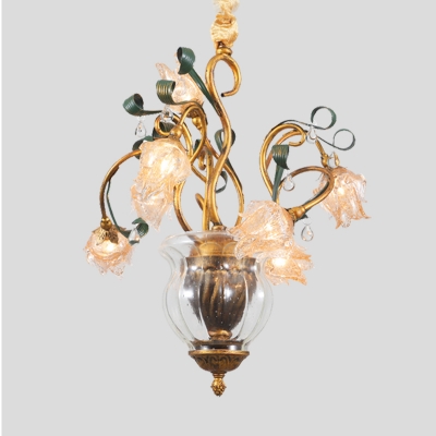 Brass 7 Bulbs Chandelier Light Pastoral Metal Floral LED Pendant Lighting Fixture for Study Room