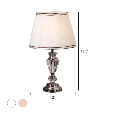 Contemporary 1 Bulb Desk Light White/Pink Tapered Drum Night Table Lamp with Fabric Shade