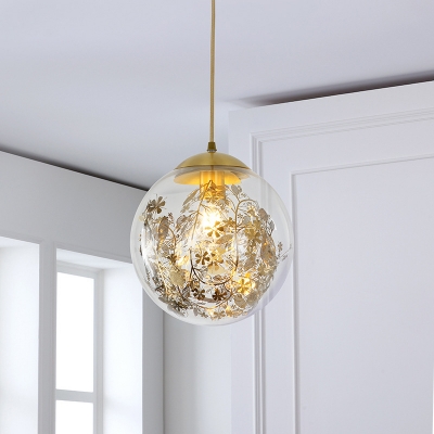 Contemporary Ball Hanging Lamp Clear Glass 1 Bulb Bedroom Ceiling Pendant Light in Yellow with Inner Shattered Leaves Decoration