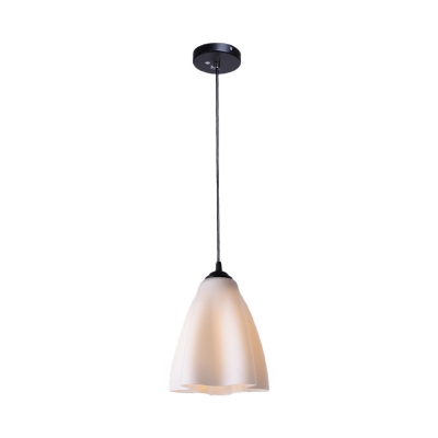Contemporary Floral Down Lighting Beige Glass 1-Light Dining Room Hanging Lamp Fixture in Black