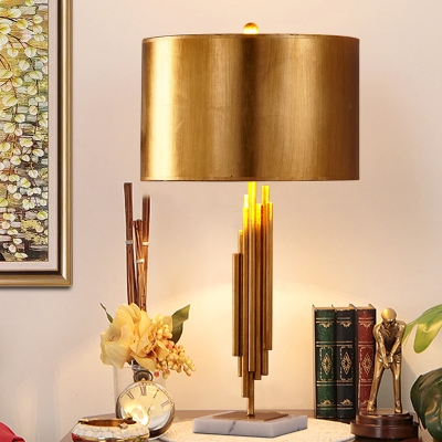 Cylinder Fabric Desk Light Modernist 1 Head Gold Night Table Lamp with Marble Base