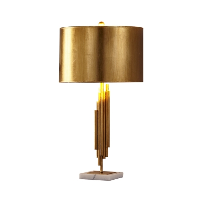 Cylinder Fabric Desk Light Modernist 1 Head Gold Night Table Lamp with Marble Base