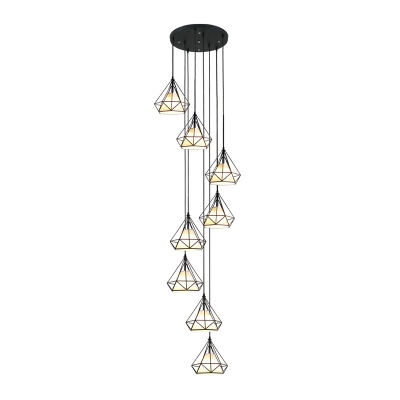 Diamond Stair Ceiling Lamp Metal 8 Bulbs Contemporary Multi Pendant Light Fixture in Black