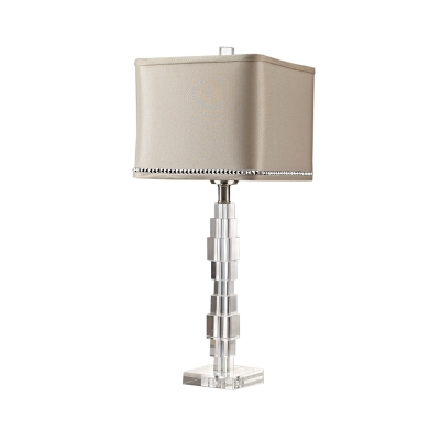 Fabric Square Task Light Modern 1 Bulb Beige Nightstand Lamp with Clear Crystal Base