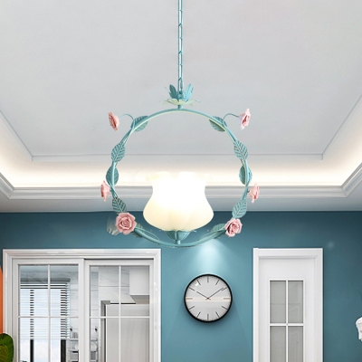 Flower Milk Glass Pendant Light Pastoral 1 Bulb Dining Room LED Suspension Lighting Fixture in Pink/Blue