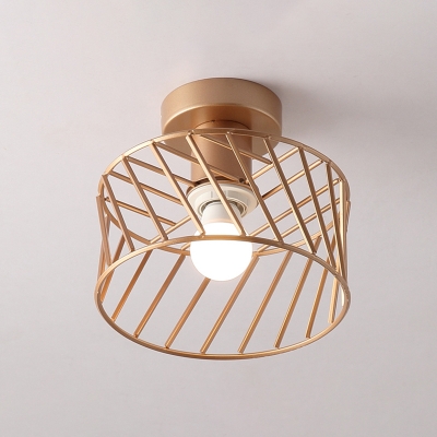 Gold Finish Drum Cage Flush Lamp Fixture Modern 1-Head Iron Semi Flush Mount Lighting for Corridor