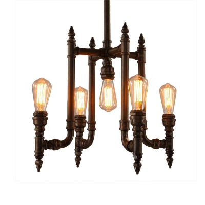 Industrial Water Pipe Chandelier 5-Bulb Metal LED Hanging Ceiling Lamp in Rust for Dining Room
