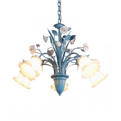 Korean Garden Floral Ceiling Chandelier 3/5/6 Bulbs Opal Glass Pendant Lighting Fixture in Blue