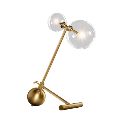 LED Bedroom Task Light Minimalist Brass Small Desk Lamp with Global Clear Glass Shade