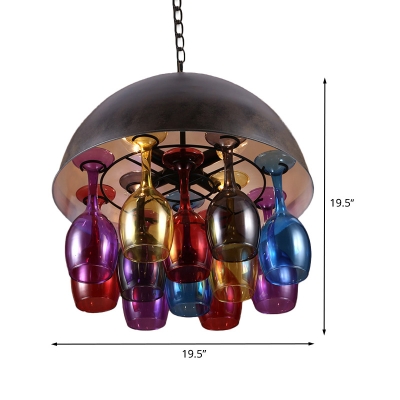 Metal Black Chandelier Pendant Lamp Dome 4 Bulbs Art Deco Hanging Light with Colorful Wine Cup Deco