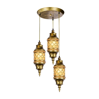 Metal Cylinder Cluster Pendant Light Antique 3 Bulbs Dining Room Down Lighting in Red/Yellow/Blue