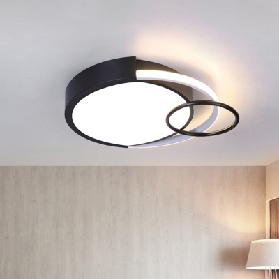 Metal Drum and Ring Flush Lamp Modernist LED Black Ceiling Flush Mount Light in Warm/White Light, 19