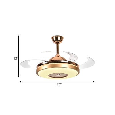 Metal Round Pendant Fan Light Minimalist Dining Room LED Semi Flush Mount Lamp in Gold with 4 Clear Blades, 36