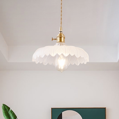 Modern 1-Light Hanging Light Fixture with White Prismatic Glass Shade Brass Umbrella Shape Pendant, 10