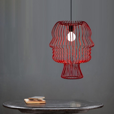 Modern Arc Cage Hanging Light Kit Metal 1-Light Restaurant Suspension Lamp in Red