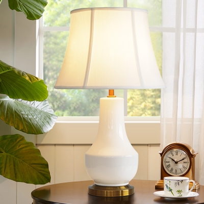 Modern Bell Desk Light Fabric 1 Bulb Night Table Lamp in White with Ceramic Base