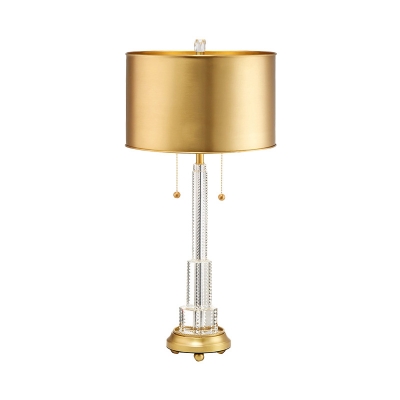 Modern Cylinder Table Light Cut Crystal 1 Bulb Nightstand Lamp in Gold with Pull Chain