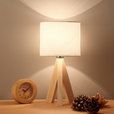 Modern Cylinder Task Light Fabric 1 Bulb Night Table Lamp in White with Wood Tripod