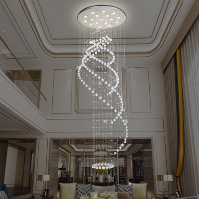 Modern Swirling Suspension Lighting Clear K9 Crystal 17 Bulbs Living Room LED Multi Light Pendant in Silver