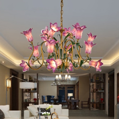 Pastoral Lily/Tulip Chandelier Light 16 Bulbs White/Yellow/Purple Glass LED Pendant Lighting Fixture for Living Room