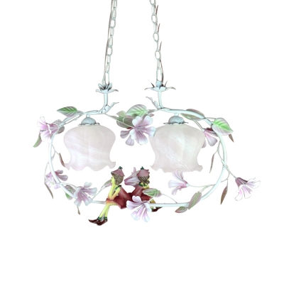 Pink 2 Heads Chandelier Lighting Vintage White Glass Bloom Pendant Ceiling Light for Bedroom
