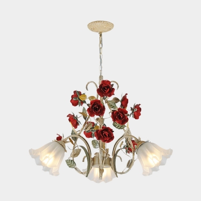 Scalloped Dining Room Pendant Chandelier Retro Metal 3/6/8 Bulbs Beige LED Ceiling Suspension Lamp with Rose Decor
