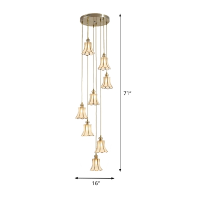 Scalloped Frosted Glass Cluster Pendant Colonial 8 Lights Gold Drop Lamp for Living Room