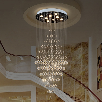 Silver Round Multi Light Pendant Modernist 8 Bulbs K9 Crystal LED Down Lighting for Stair