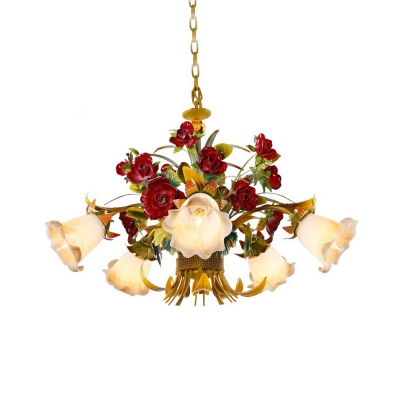 Yellow 5/8 Lights Hanging Chandelier Pastoral Metal Flared Pendant Light Fixture with Flower for Bedroom