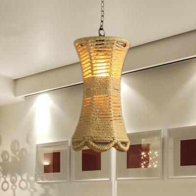 1 Bulb Ceiling Lighting Farmhouse Radian Rope Hanging Pendant Lamp in Beige with Hand Woven Design