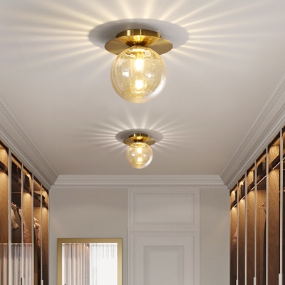 1 Bulb Hallway Flush Lighting Fixture Minimalist Gold Flush Ceiling Lamp with Sphere Smoke Water Glass Shade